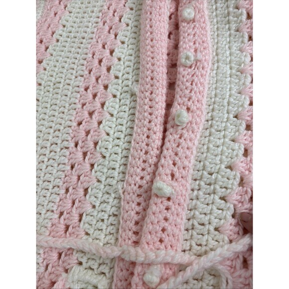 Vtg Hand Crochet Cardigan Sweater Size Lg Duster Pockets Pink White Cottagecore - Picture 8 of 12